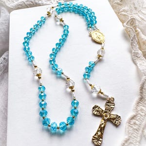 Blue Crystal Catholic Rosary |  Miraculous Medal | Gold Italian Medal | Handmade Gift | Charity Rosaries
