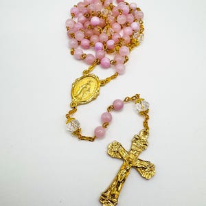 Pink and Gold Catholic Rosary |  High Quality | Miraculous Medal | Blessed Mother | Gold Italian Medals | Handmade Gift | Charity Rosaries