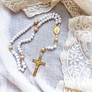 Rosary | Bridal White and Gold |  Miraculous Medal | Painted Wood Beads | Italian Center and Crucifix | Handmade Gift