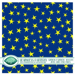 Może przedstawiać: Bezszwowy wzór z ciemnoniebieskim tłem i żółtymi gwiazdami. Projekt zawiera tekst "SEAMLESS PATTERN 12INCH X 12INCH 300DPI JPEG AND PNG FILES FOR COMMERCIAL OR PERSONAL USE". Wzór ma wymiary 30,48 cm na 30,48 cm.