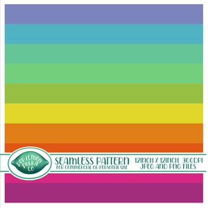 May include: A seamless pattern design with horizontal stripes in rainbow colours: purple, blue, green, yellow, orange, and pink. The design is 30.48 cm by 30.48 cm and is available in JPEG and PNG files.