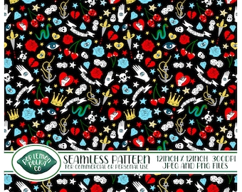 Old School Fairground Tattoos On A Black Background. Seamless Pattern Digital Download