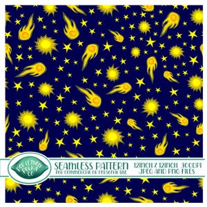 Puede incluir: Patrón sin costuras con estrellas amarillas, soles e ilustraciones de cometas sobre un fondo azul oscuro. El diseño incluye el texto "SEAMLESS PATTERN 12INCH X 12INCH 300DPI JPEG AND PNG FILES" y "FOR COMMERCIAL OR PERSONAL USE". El patrón mide 30,48 cm x 30,48 cm.