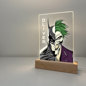Bat Joke Hero Night Light Up LED Table Desk Lamp Stand Superhero Boys Kid Man Bedroom Home Room Decor Personalized FREE Name Engraved Gift