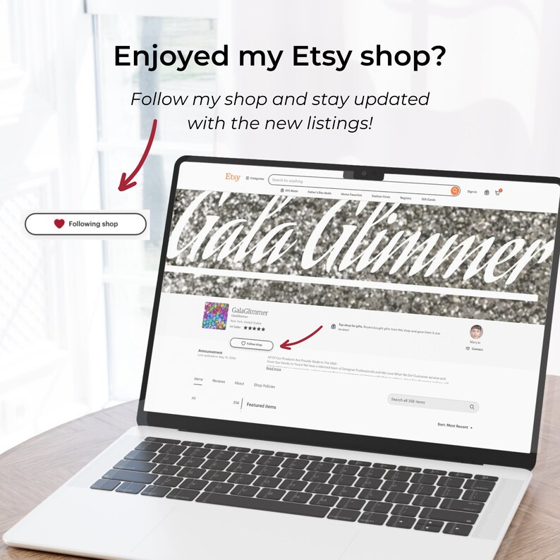 K&ouml;nnte beinhalten: Ein Screenshot eines Etsy-Shops namens GalaGlimmer. Das Banner des Shops zeigt einen silbernen Glitzerhintergrund mit dem Shop-Namen in wei&szlig;er Schrift. Der Ank&uuml;ndigungsbereich des Shops ist sichtbar und der Text lautet "Alle Produkte werden mit Stolz in den USA hergestellt". Die vorgestellten Artikel des Shops sind ebenfalls sichtbar und der Text lautet "Vorgestellte Artikel".