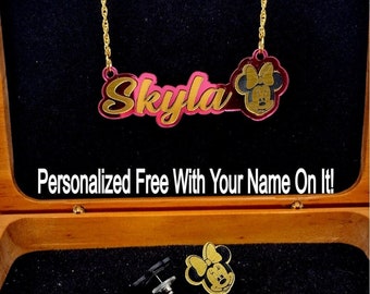 Minnie Maus personalisierte Halskette und Post Ohrstecker Qualität Goldkette Handmade Made Name Farbwahl Kinder-Mädchen-Schmuck-Set bestellen