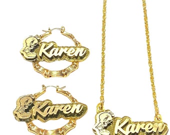 Tshirty Vogel personalisierte Halskette und Bambus Hoop Ohrringe Mädchen passende Schmuck-Set Qualität Goldkette Handmade Name Farbwahl bestellen