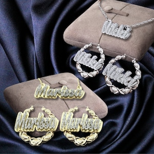 Personalized Necklace and XOXO Silver or Gold Bamboo Hoop Earring Matching Jewelry Set Quality Chain Custom Girls Ladies Size & Color Choice