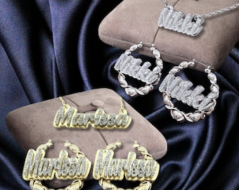 Personalisierte Halskette und XOXO Silber oder Gold Bambus Hoop Ohrring Passendes Schmuckset Qualität Kette Benutzerdefinierte Mädchen Damen Größe Farbwahl
