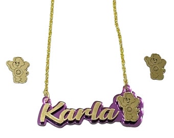 Sun Bear personalisierte Halskette und Post Ohrstecker Qualität Goldkette Handmade Name Farbwahl Kid Mädchen Schmuck-Set bestellen