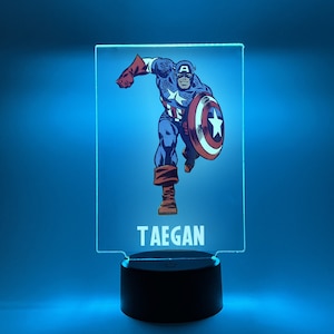 America Hero Night Light Up LED Table Desk Lamp Captain Superhero Boys Kid Room Decor Personalized FREE Engrave 16 Colors With Remote Gift