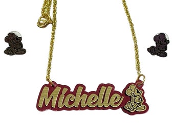 Maus personalisierte Halskette und Post Ohrstecker Qualität Gold Kette Handmade Made Name Farbwahl Kinder Schmuck-Set bestellen
