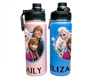 Botella de agua deportiva de acero inoxidable con aislamiento personalizado, mantiene las bebidas frías 24 horas, regalo personalizado de princesa Frozen, Elsa y Anna.