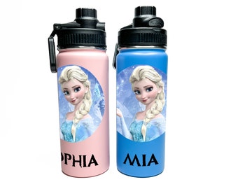 Botella de agua deportiva de acero inoxidable con aislamiento personalizado, mantiene las bebidas frías 24 horas, regalo personalizado de princesa Frozen Elsa para niñas.