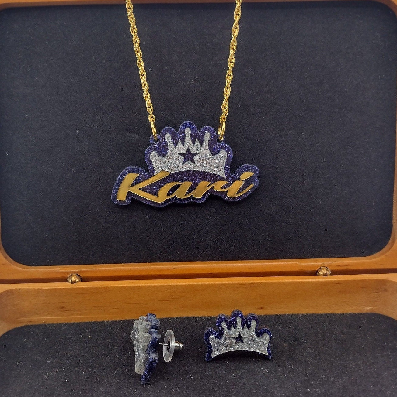 Personalized Princess Crown Necklace & Post Stud Earrings Quality Gold ...