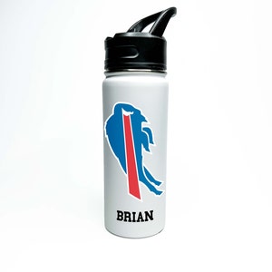 May include: White water bottle with a blue and red Buffalo Bills logo and the name "BRIAN" printed on the side.