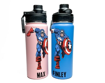 Personalized Custom Captain Hero With Name Stainless Steel Insulated 18/32oz Hydro Water Bottle Keeps Drinks Cold for 24 Hours & Easy Carry