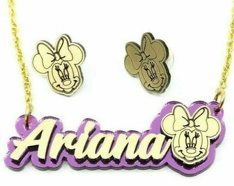 CuteMinnie personalisierte Halskette und Post Ohrstecker Qualität Goldkette Handmade Made To Order Name Farbwahl Kinder-Mädchen-Schmuck-Set