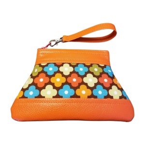 Orange Multi Floral Coin Pouch with Zipper Pull - Faux Leather and Fabric, Handmade Gift for Her, Ready-to-Ship