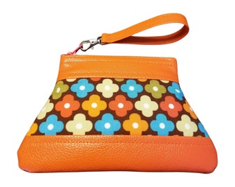 Orange Multi Floral Coin Pouch with Zipper Pull - Faux Leather and Fabric, Handmade Gift for Her, Ready-to-Ship