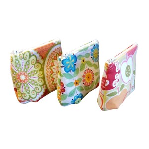 Three Piece Set- Light Green and Orange Floral Mini Zipper Pouch TRIO - Cute Coin Pouch Gift Pack- Ready-to-Ship