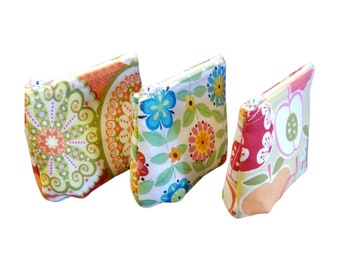 Three Piece Set- Light Green and Orange Floral Mini Zipper Pouch TRIO - Cute Coin Pouch Gift Pack- Ready-to-Ship