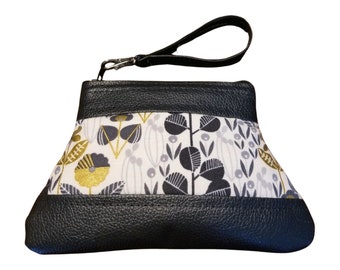 Black, Gold, and Cream Floral Coin Pouch with Zipper Pull - Faux Leather and Fabric, Handmade Gift for Her, Ready-to-Ship