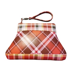 Burgundy Plaid Coin Pouch with Zipper Pull - Faux Leather & Fabric, Handmade, Perfect Gift for Her, Ready-to-Ship