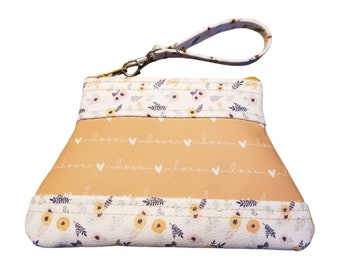 Gold and White Hearts Floral Coin Pouch with Zipper Pull - Faux Leather & Fabric, Handmade, Perfect Gift for Her, Ready-to-Ship