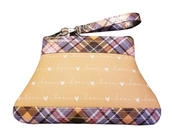 Plaid and Hearts, Grey and Gold Coin Pouch with Zipper Pull - Faux Leather & Fabric, Handmade, Perfect Gift for Her, Ready-to-Ship