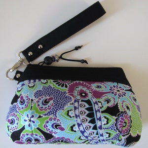 Zipper Wristlet/Clutch in Cotton Black Paisley and Floral Fabric with Bead Accent