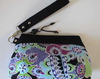 Zipper Wristlet/Clutch in Cotton Black Paisley and Floral Fabric with Bead Accent