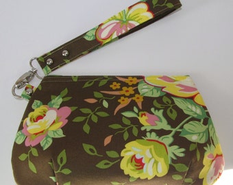 Brown Rose Banquet Clutch Wristlet with Zipper Closure