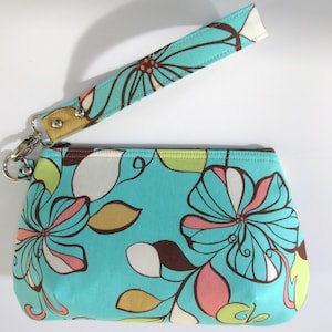 Aqua Blue and Brown Floral Clutch Wristlet with Zipper Closure