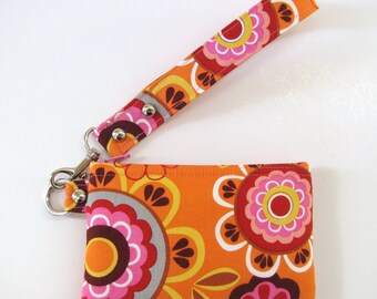 Orange Multi Floral Wristlet Zipper Pouch