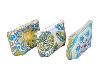 Three Piece Set- Green and Turquoise Floral Mini Zipper Pouch TRIO - Cute Coin Pouch Gift Pack for Her-Ready-to-Ship