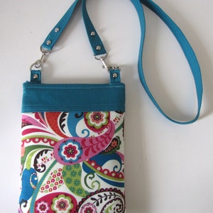 Long Strap Crossbody Bag in Teal Blue Multi Floral