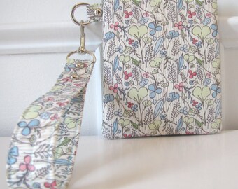 Blue and Cream Floral Wristlet - Zipper Pouch - Gadget Holder