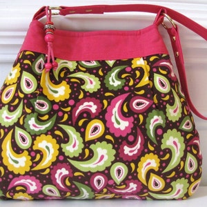 Purse, Shoulder Bag, Pink And Plum Paisley, w/ Bead And Pleat Detail