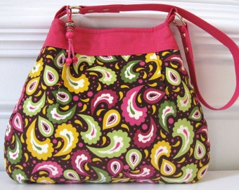 Purse, Shoulder Bag, Pink And Plum Paisley, w/ Bead And Pleat Detail