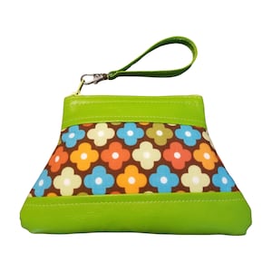 Lime Green Floral Coin Pouch with Zipper Pull - Faux Leather and Fabric, Handmade Gift for Her, Ready-to-Ship