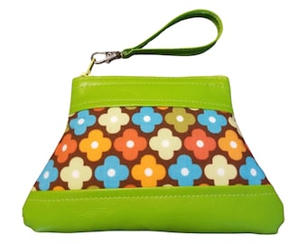 Lime Green Floral Coin Pouch with Zipper Pull - Faux Leather and Fabric, Handmade Gift for Her, Ready-to-Ship