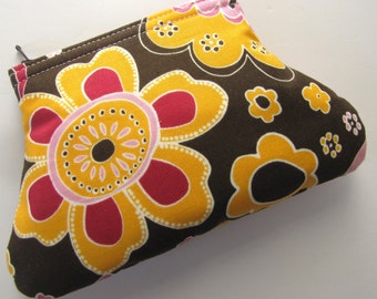 Brown and Gold Floral Curvy Coin Pouch, Zipper Pouch, Coin Purse