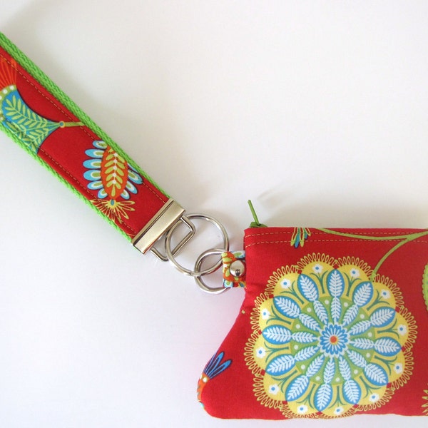 Red Floral Gypsy Paisley Bandana Key Fob and Curvy Coin Pouch Wristlet Set