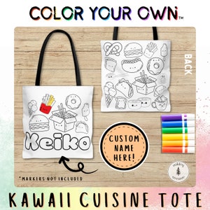 Activité de coloriage fourre-tout personnalisé Cuisine kawaii Sac fourre-tout personnalisé avec prénom à colorier sur votre propre toile Cadeaux d'anniversaire pour enfants