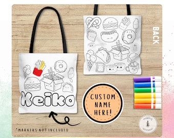 Bolsa de tela personalizada para colorear de Kawaii Cuisine: bolsa de tela personalizada con nombre, lienzo para colorear, regalo de cumpleaños para niños