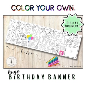 Könnte beinhalten: Ein großer, schwarz-weißer Geburtstagsbanner mit dem Text "HAPPY BIRTHDAY OLIVIA" und "10". Der Banner ist etwa 183 cm lang und enthält verschiedene Illustrationen zum Thema Party. Die Wörter "COLOR YOUR OWN" und "DIGITAL DOWNLOAD" sind ebenfalls sichtbar.