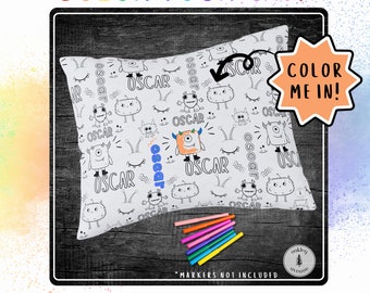 Monster Theme Color Your Own Personalized Pillowcase, Doodle Coloring Kids Craft Art Project, Slumber Party Sleepover Pillowcase Gift