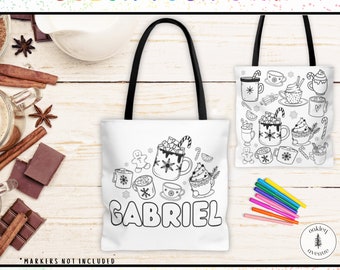 Bolsa de lona personalizada para colorear con chocolate caliente. Bolsa de lona personalizada para colorear. Tradiciones de Nochebuena. Regalos para nietos, sobrinas y sobrinos.