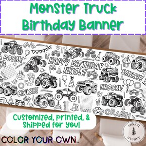 GIANT Coloring Banner Monster Truck Custom Coloring Pages Personalized Color On Birthday Placemat Party Favors & Games Boys Party Supplies